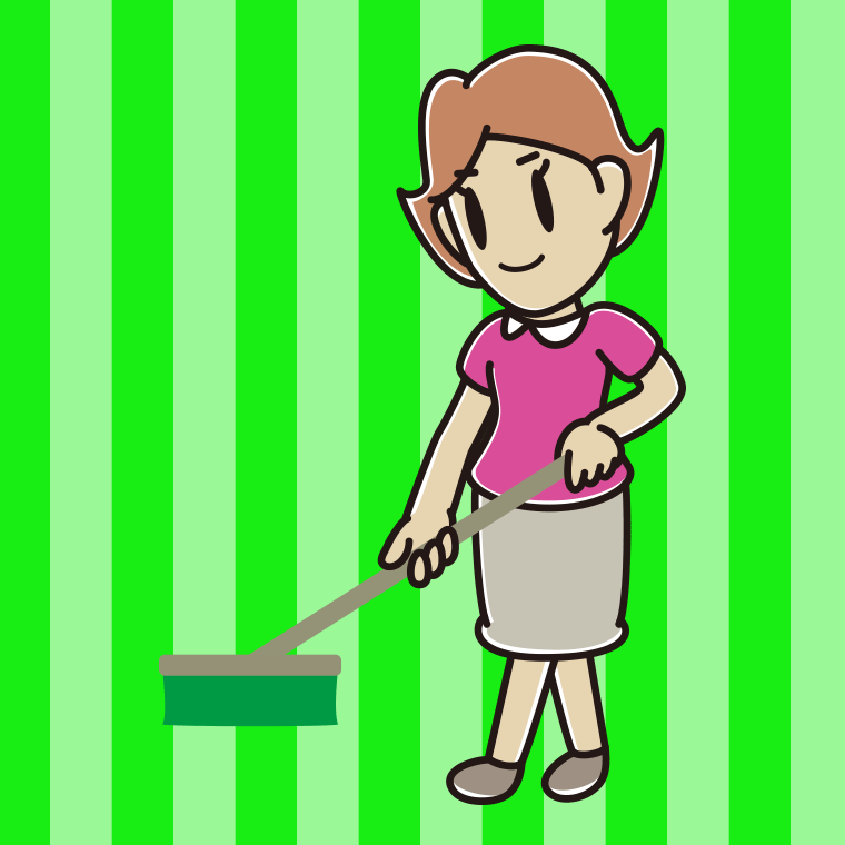 デッキブラシを使う女性のイラスト【色、背景あり】PNG