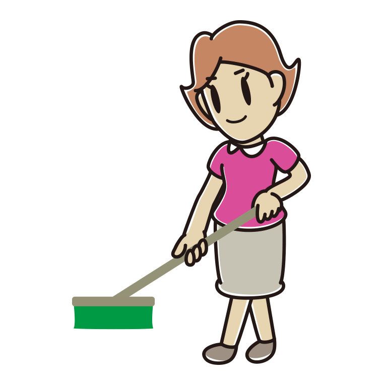デッキブラシを使う女性のイラスト【色あり、背景なし】透過PNG