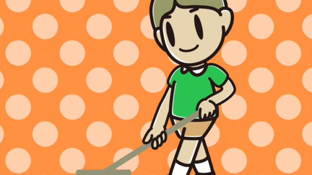 デッキブラシを使う小学生男子のイラスト【色、背景あり】PNG