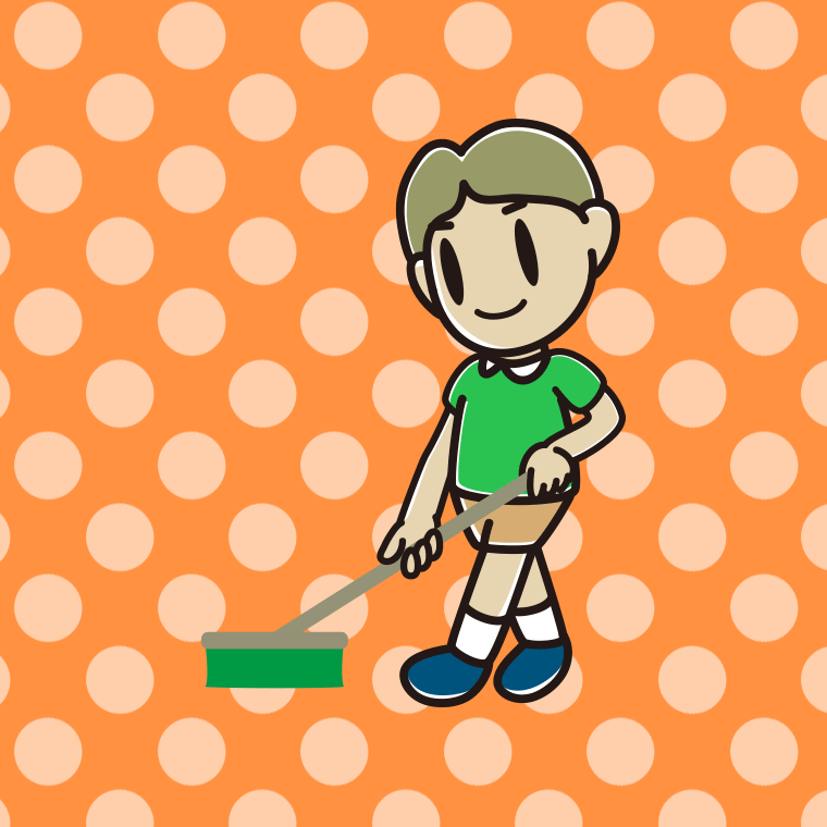デッキブラシを使う小学生男子のイラスト【色、背景あり】PNG