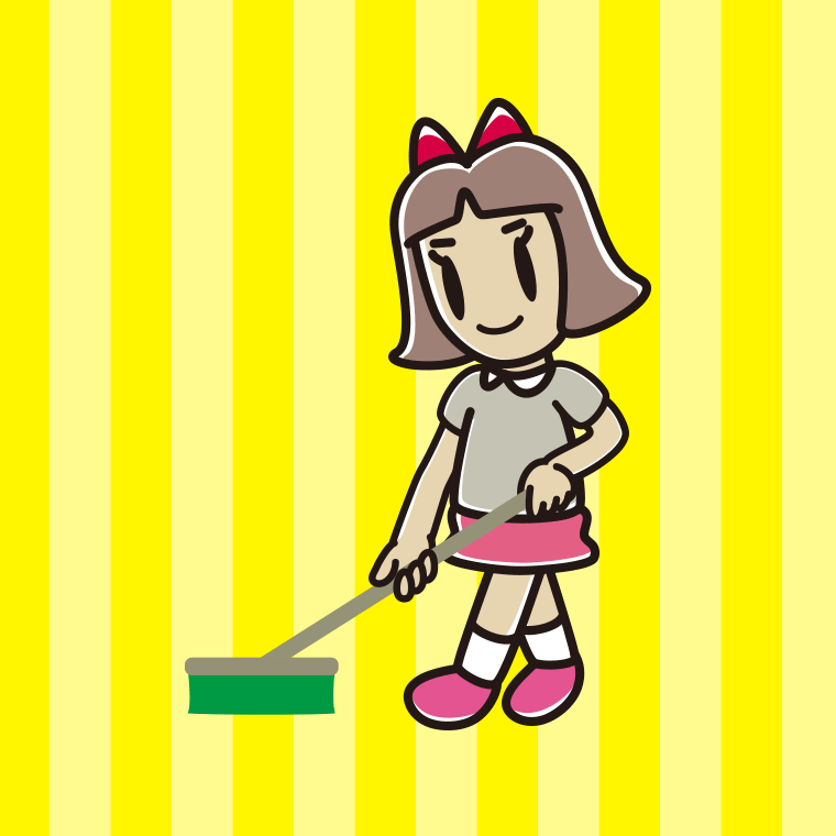 デッキブラシを使う小学生女子のイラスト【色、背景あり】PNG