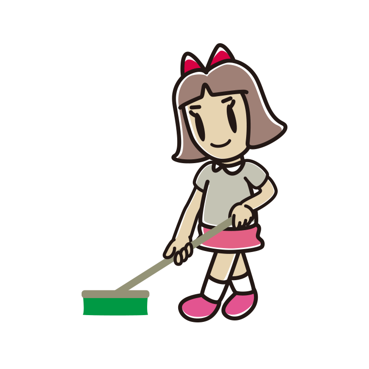 デッキブラシを使う小学生女子のイラスト【色あり、背景なし】透過PNG