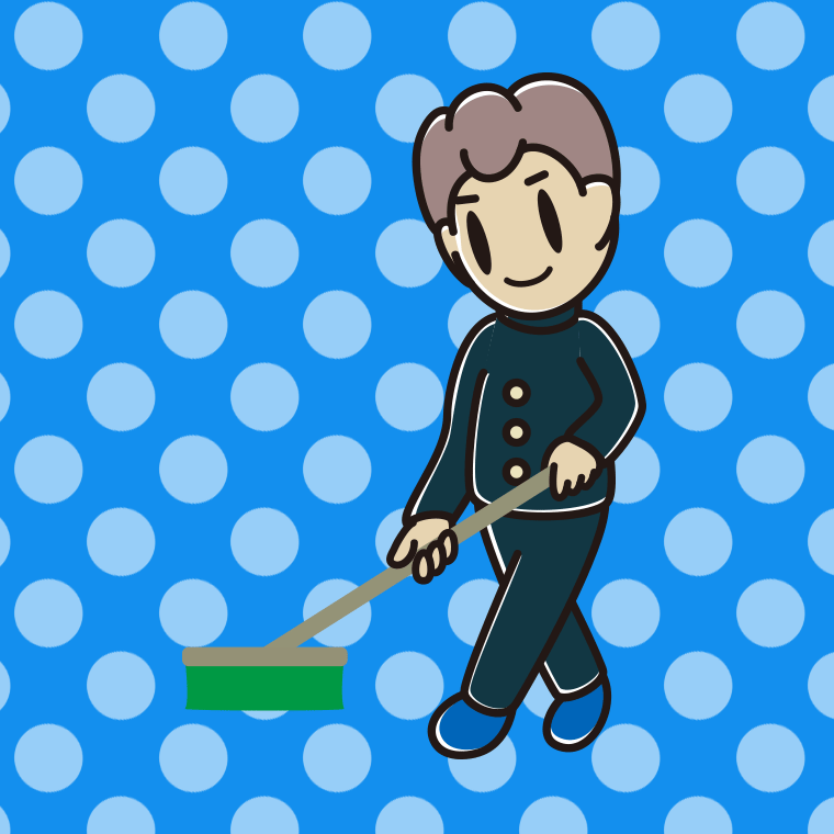 デッキブラシを使う男子中学生のイラスト【色、背景あり】PNG