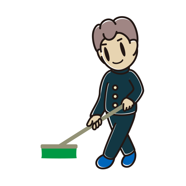 デッキブラシを使う男子中学生のイラスト【色あり、背景なし】透過PNG