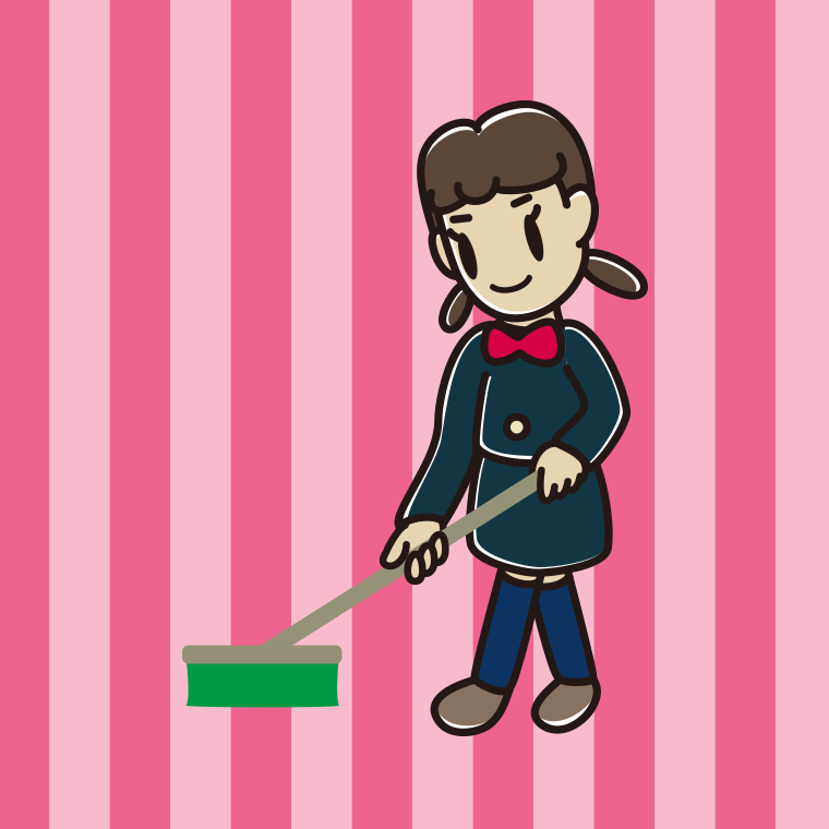 デッキブラシを使う女子中学生のイラスト【色、背景あり】PNG