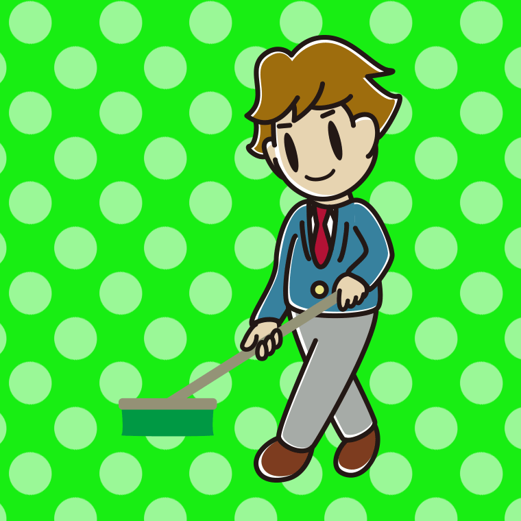 デッキブラシを使う男子高校生のイラスト【色、背景あり】PNG