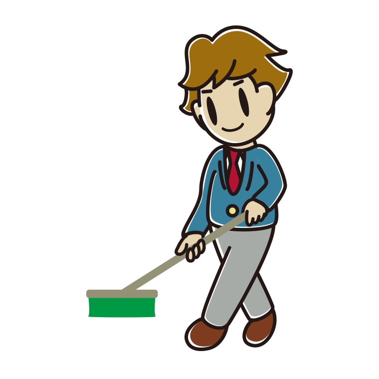 デッキブラシを使う男子高校生のイラスト【色あり、背景なし】透過PNG