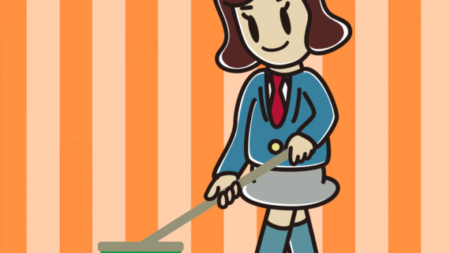 デッキブラシを使う女子高校生のイラスト【色、背景あり】PNG