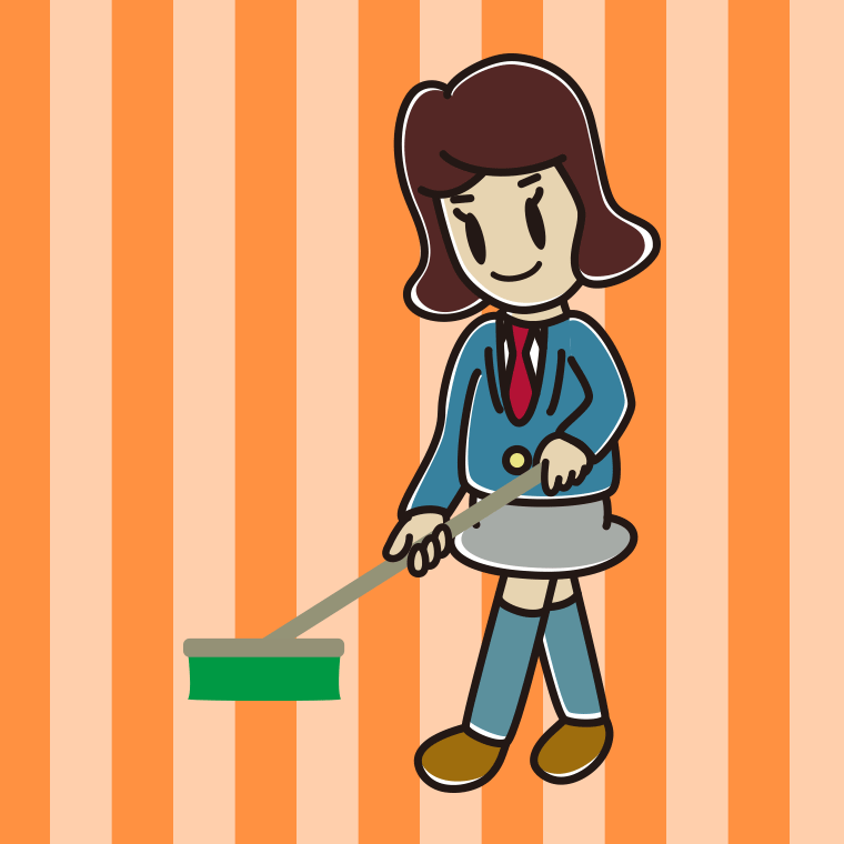 デッキブラシを使う女子高校生のイラスト【色、背景あり】PNG