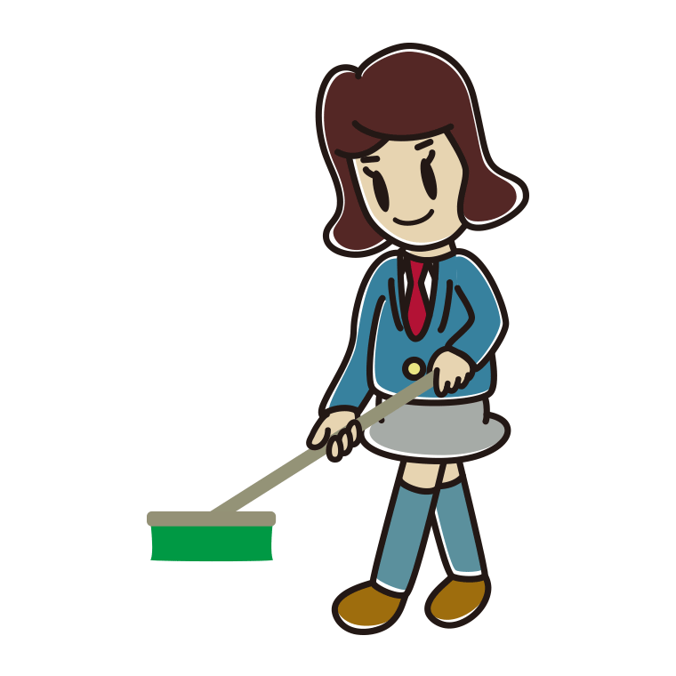 デッキブラシを使う女子高校生のイラスト【色あり、背景なし】透過PNG