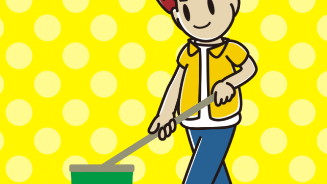 デッキブラシを使う男子大学生のイラスト【色、背景あり】PNG