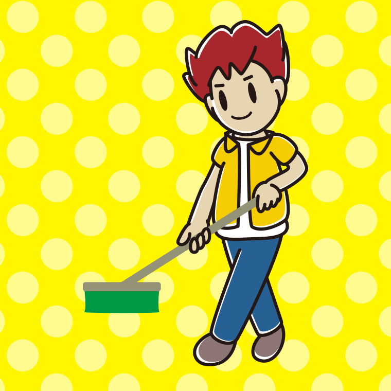 デッキブラシを使う男子大学生のイラスト【色、背景あり】PNG