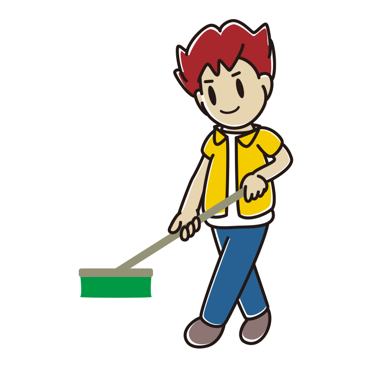 デッキブラシを使う男子大学生のイラスト【色あり、背景なし】透過PNG
