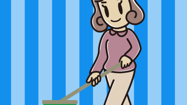 デッキブラシを使う女子大学生のイラスト【色、背景あり】PNG