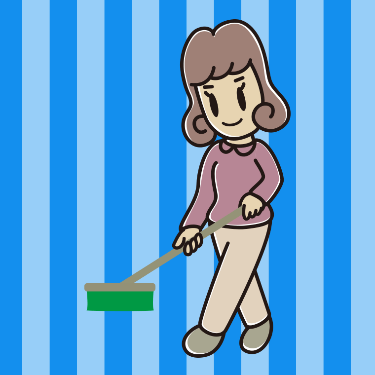 デッキブラシを使う女子大学生のイラスト【色、背景あり】PNG