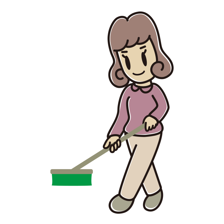 デッキブラシを使う女子大学生のイラスト【色あり、背景なし】透過PNG