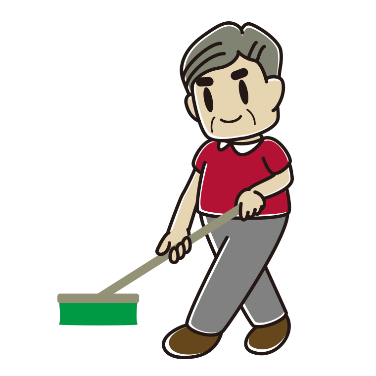 デッキブラシを使うおじさんのイラスト【色あり、背景なし】透過PNG