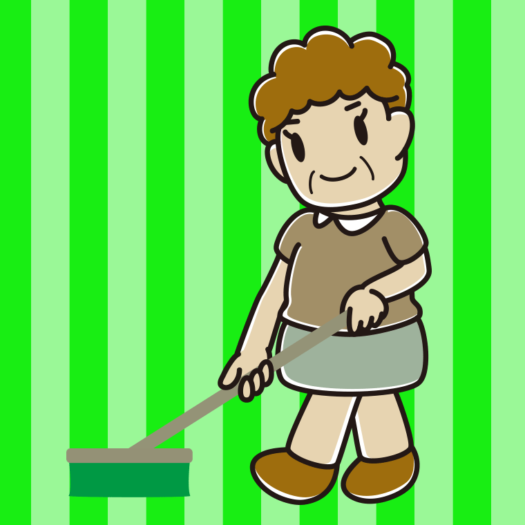 デッキブラシを使うおばさんのイラスト【色、背景あり】PNG