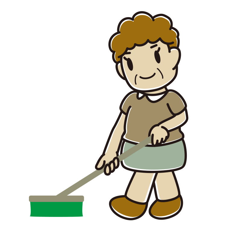 デッキブラシを使うおばさんのイラスト【色あり、背景なし】透過PNG