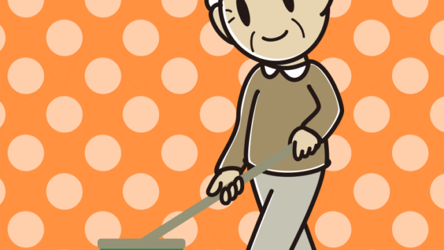 デッキブラシを使うおじいさんのイラスト【色、背景あり】PNG
