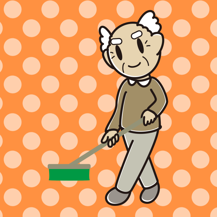 デッキブラシを使うおじいさんのイラスト【色、背景あり】PNG