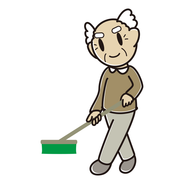 デッキブラシを使うおじいさんのイラスト【色あり、背景なし】透過PNG