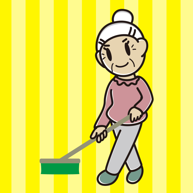 デッキブラシを使うおばあさんのイラスト【色、背景あり】PNG
