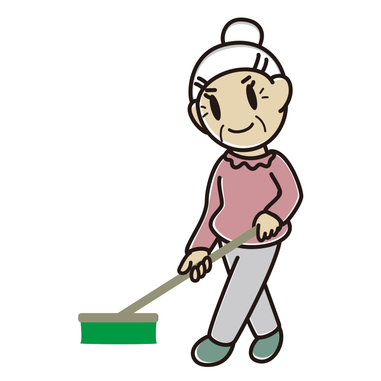 デッキブラシを使うおばあさんのイラスト【色あり、背景なし】透過PNG