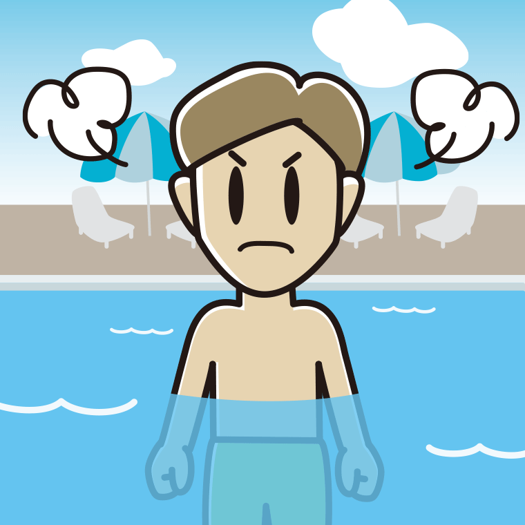 プールに入って怒る男性のイラスト【色、背景あり】PNG