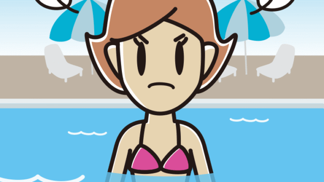 プールに入って怒る女性のイラスト【色、背景あり】PNG
