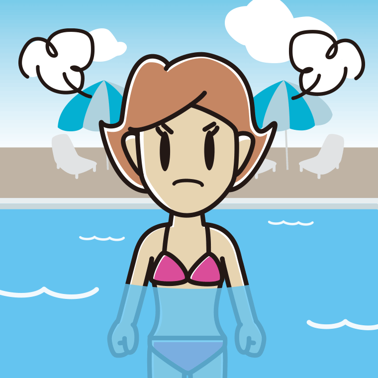 プールに入って怒る女性のイラスト【色、背景あり】PNG