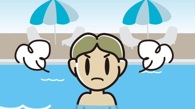 プールに入って怒る小学生男子のイラスト【色、背景あり】PNG