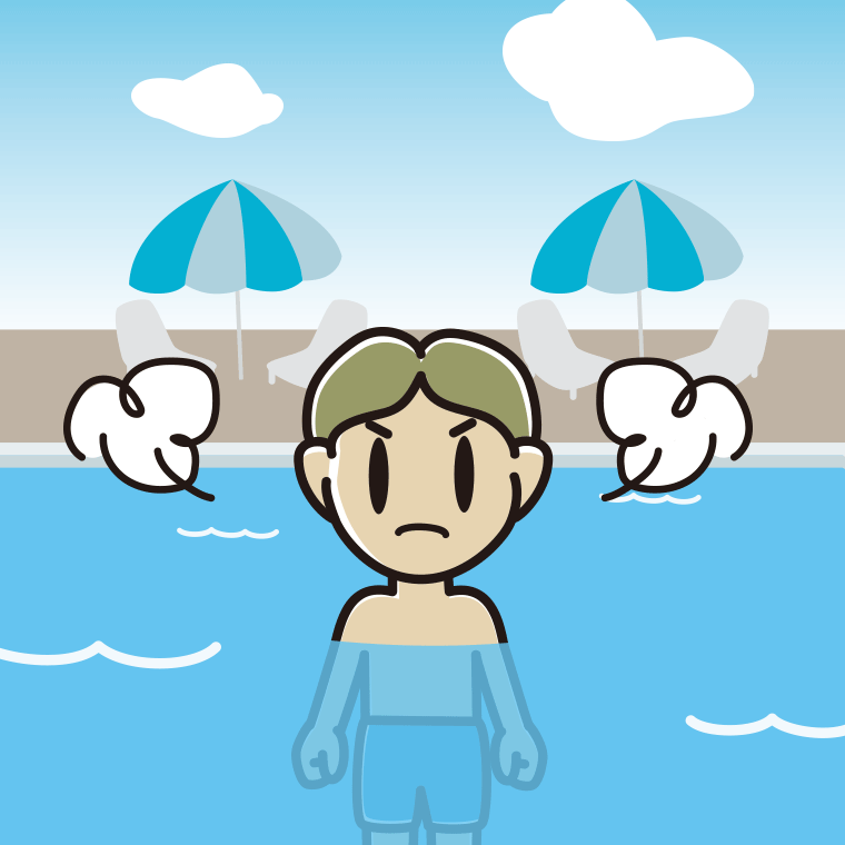 プールに入って怒る小学生男子のイラスト【色、背景あり】PNG