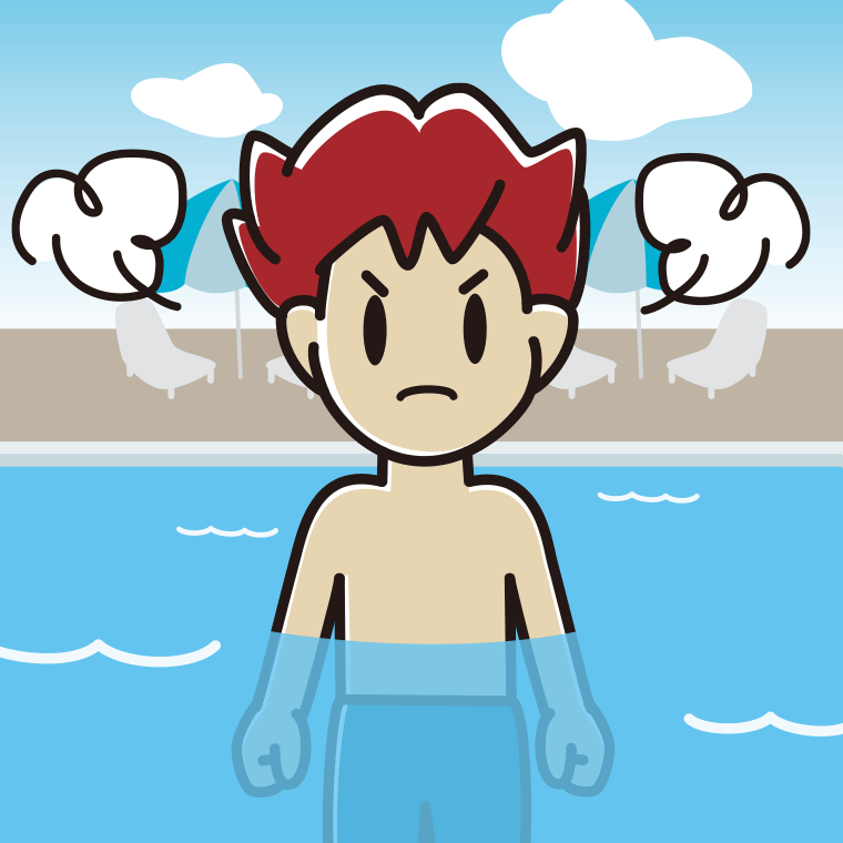 プールに入って怒る男子大学生のイラスト【色、背景あり】PNG