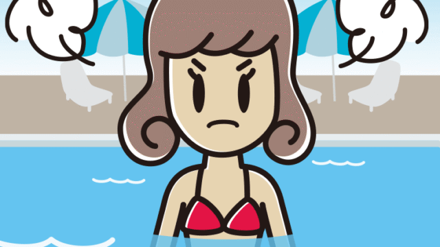 プールに入って怒る女子大学生のイラスト【色、背景あり】PNG