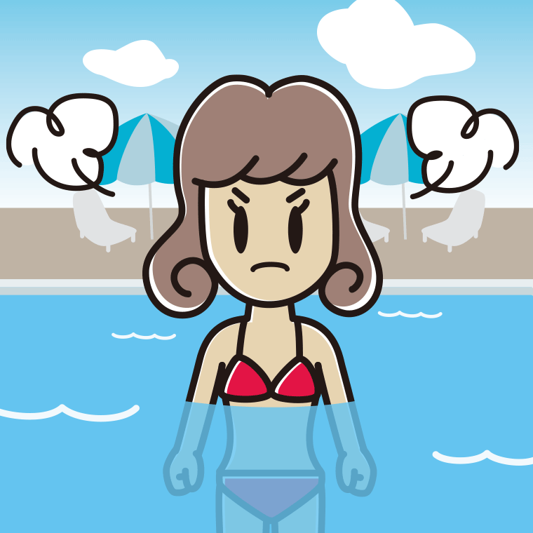 プールに入って怒る女子大学生のイラスト【色、背景あり】PNG