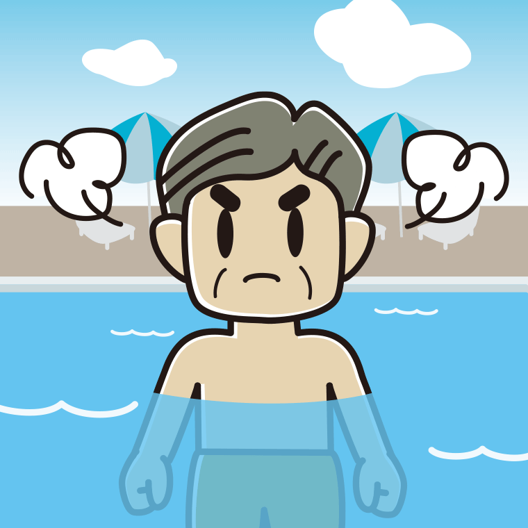 プールに入って怒るおじさんのイラスト【色、背景あり】PNG