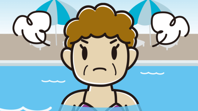 プールに入って怒るおばさんのイラスト【色、背景あり】PNG