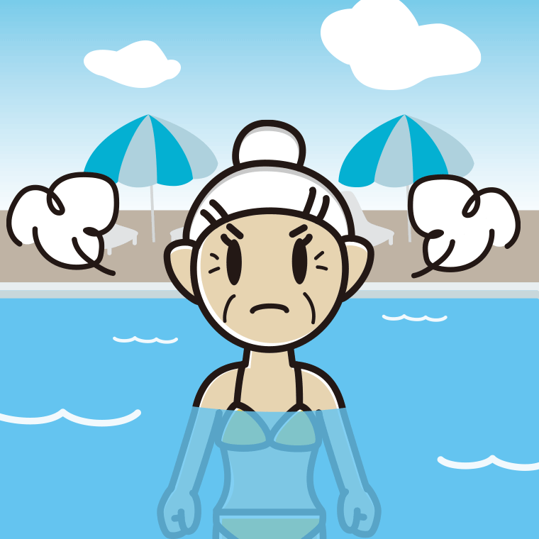 プールに入って怒るおばあさんのイラスト【色、背景あり】PNG