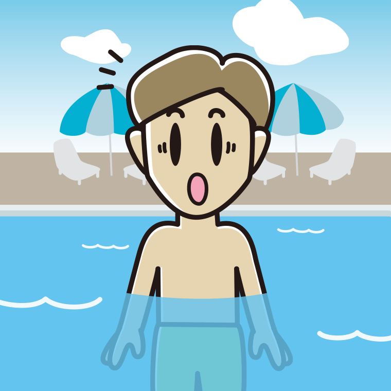 プールに入って驚く男性のイラスト【色、背景あり】PNG
