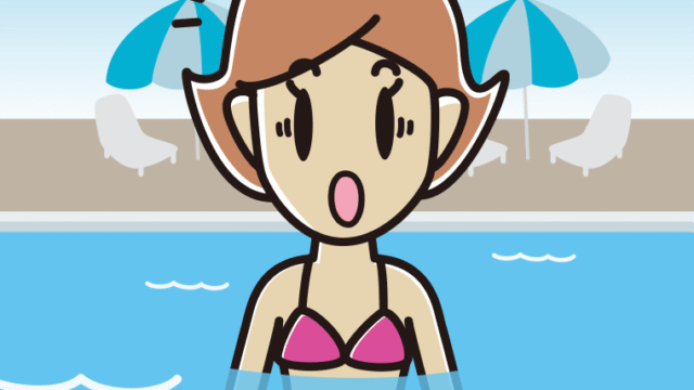 プールに入って驚く女性のイラスト【色、背景あり】PNG