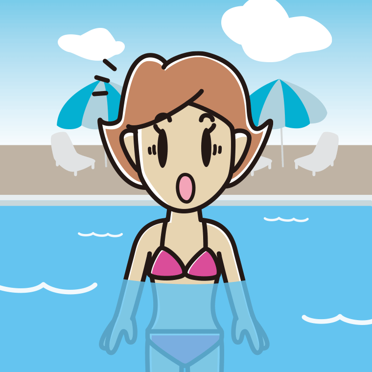 プールに入って驚く女性のイラスト【色、背景あり】PNG