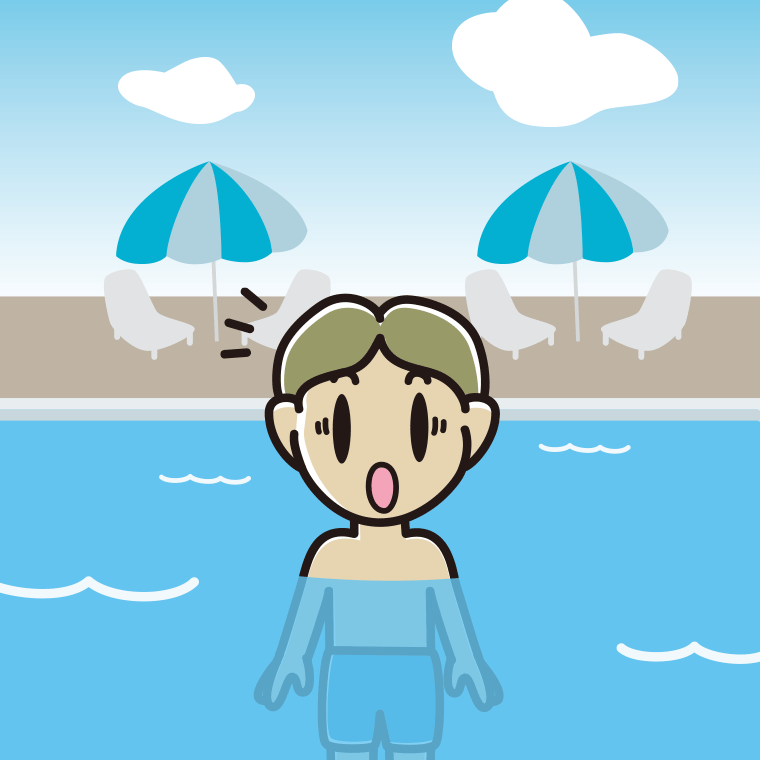 プールに入って驚く小学生男子のイラスト【色、背景あり】PNG