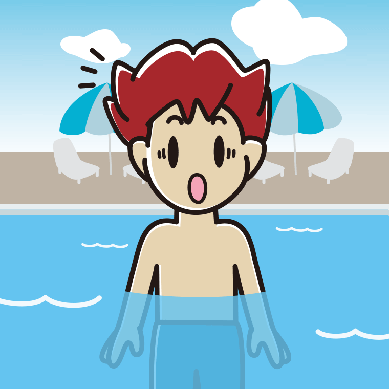 プールに入って驚く男子大学生のイラスト【色、背景あり】PNG
