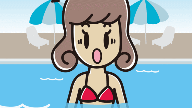 プールに入って驚く女子大学生のイラスト【色、背景あり】PNG