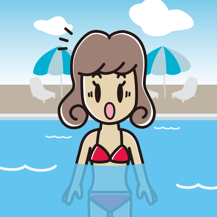 プールに入って驚く女子大学生のイラスト【色、背景あり】PNG