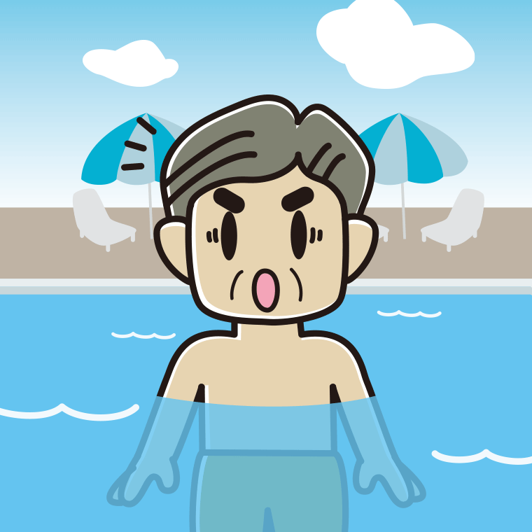 プールに入って驚くおじさんのイラスト【色、背景あり】PNG