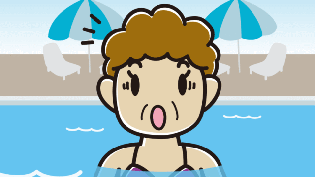 プールに入って驚くおばさんのイラスト【色、背景あり】PNG