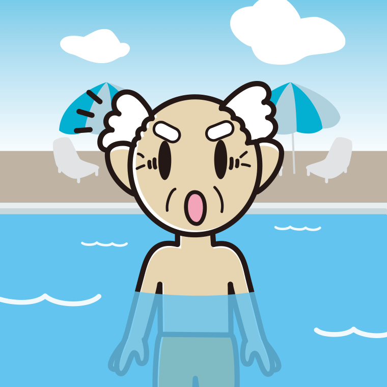 プールに入って驚くおじいさんのイラスト【色、背景あり】PNG