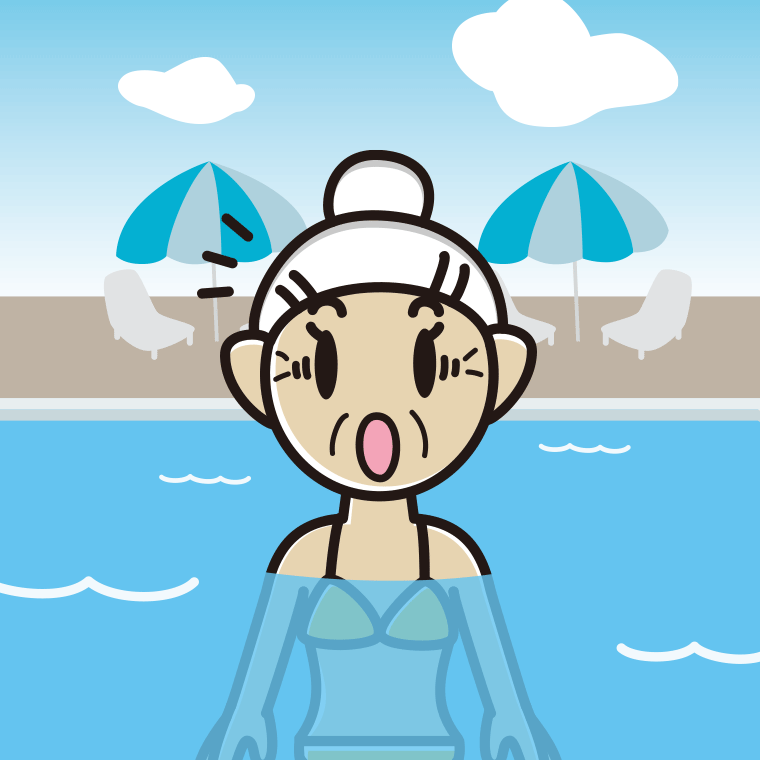 プールに入って驚くおばあさんのイラスト【色、背景あり】PNG